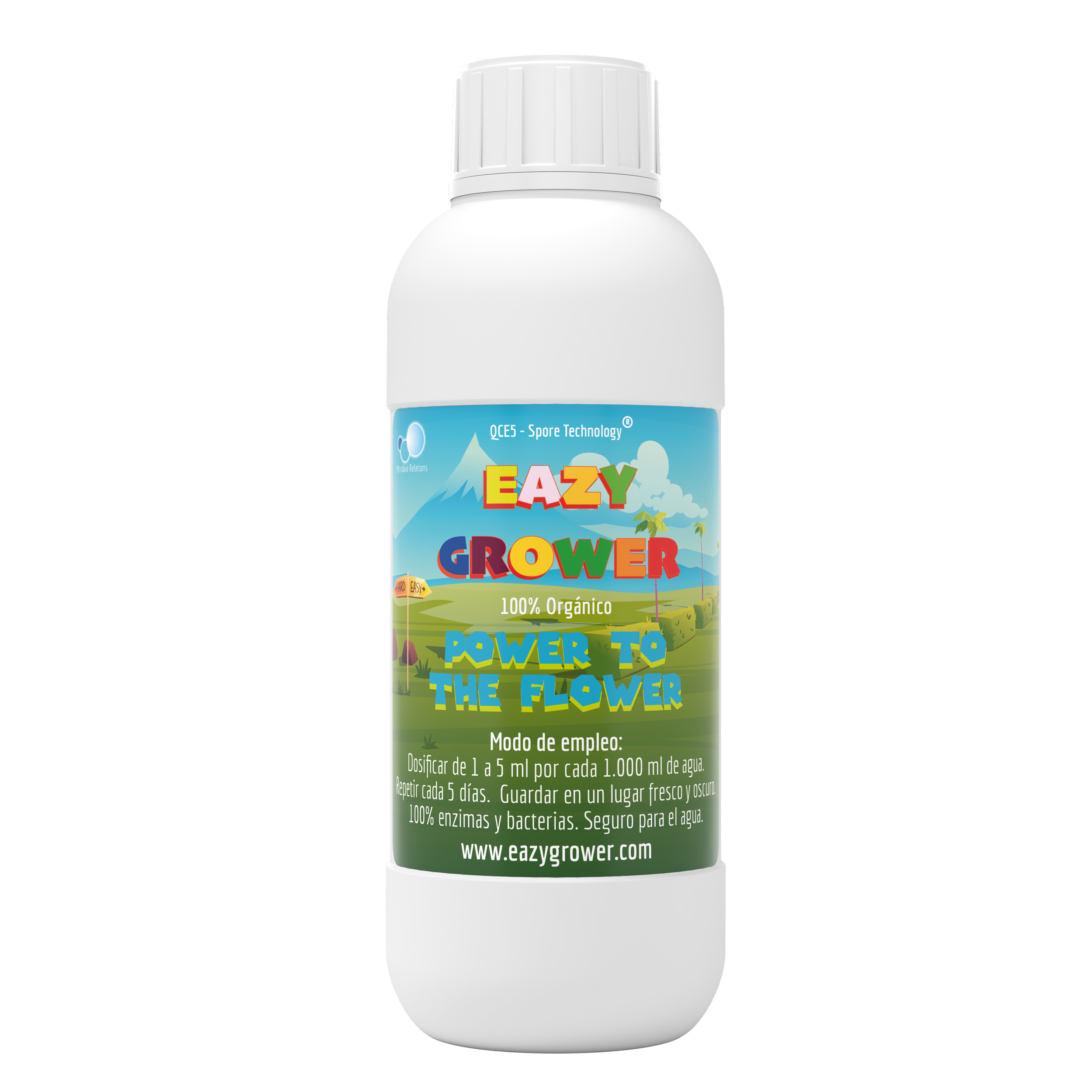 White bottle with a colorful label featuring mountain and nature imagery, labeled 'EAZY Power to the Flower,' indicating it contains organic fertilizer or plant nutrient, with usage instructions in Spanish.