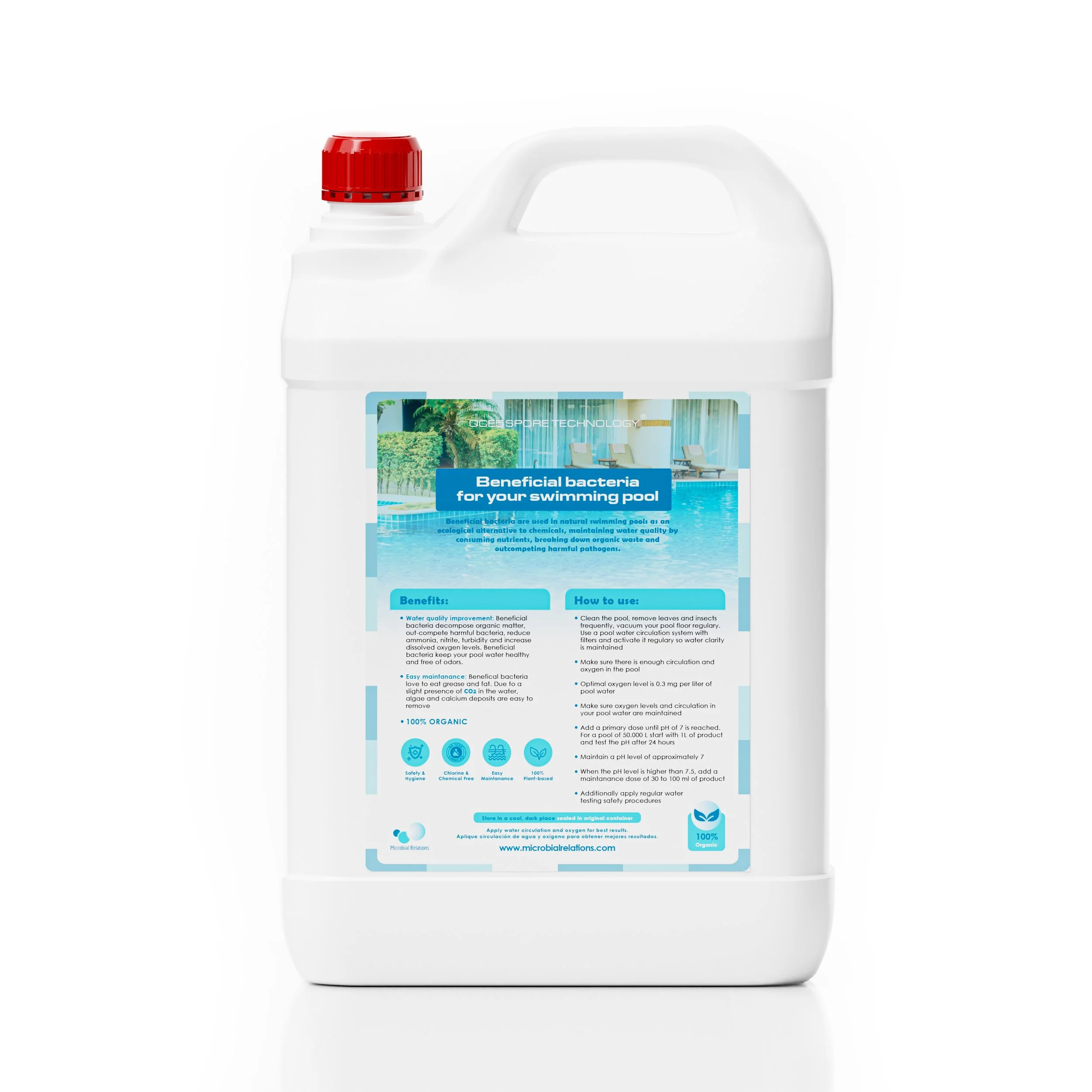 A white plastic container of beneficial bacteria for swimming pools, with a red cap and a colorful label featuring pools and trees.