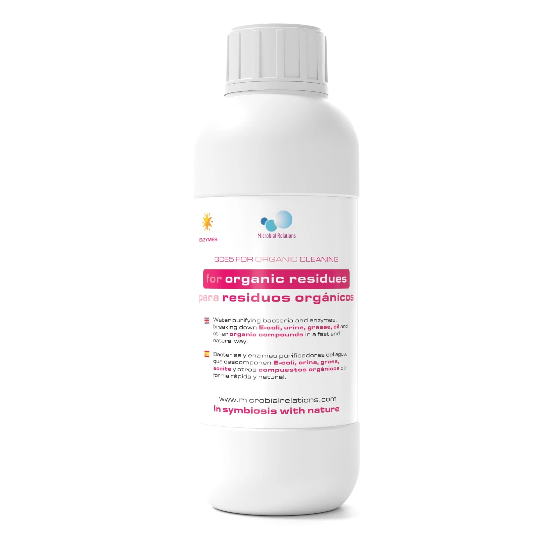 White bottle of organic cleaning product with label describing it as for residues, containing bacteria and enzymes to break down organic compounds.