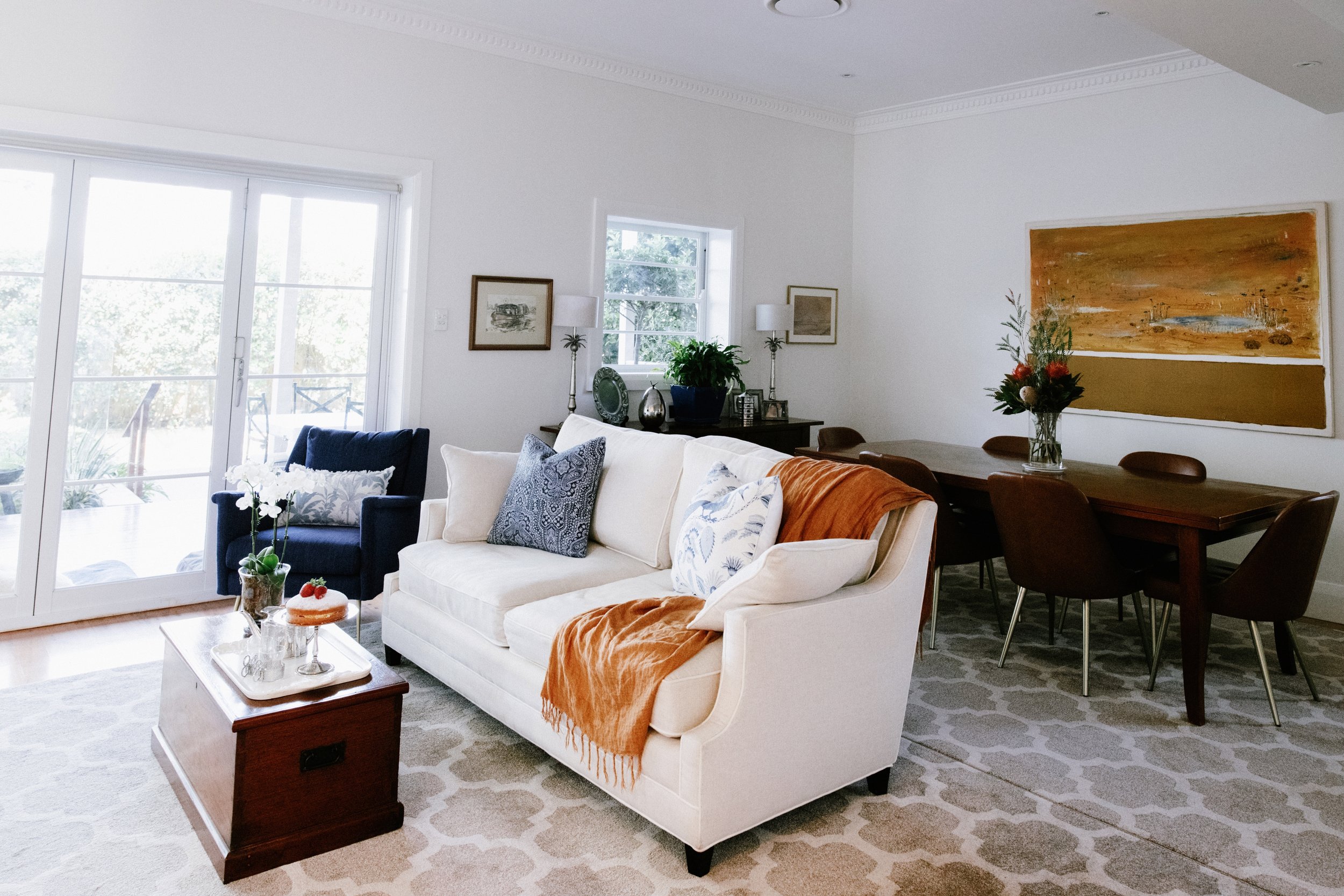 Interior Decorating Hamptons living room interior styling blue and mustard
