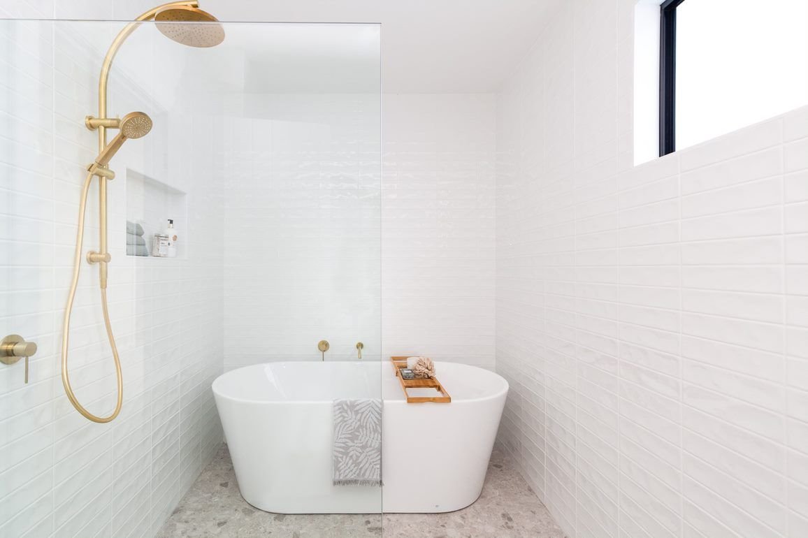 Interior Design Oak and terrazzo master bathroom styling freestanding bath