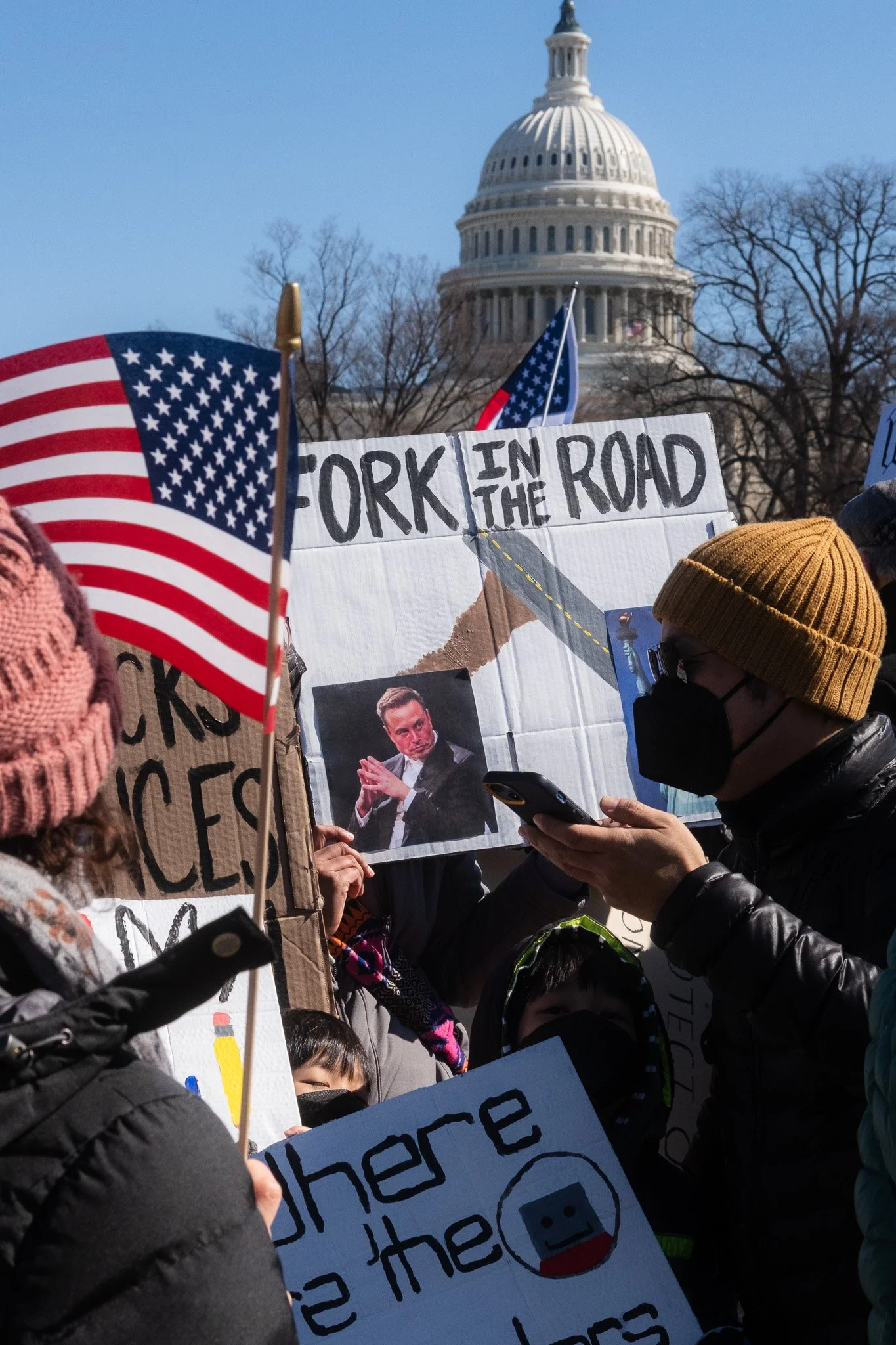 People gathered at a protest near the U.S. Capitol in Washington, D.C., holding signs and American flags, with the Capitol building visible in the background on a clear day.