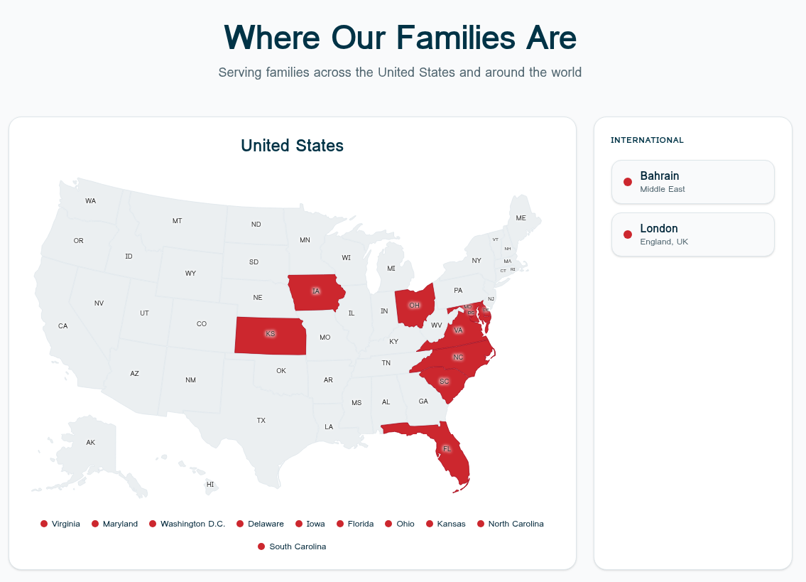 A map displaying the locations of patient families across the US and the world. Patients are from Virginia, Maryland, Washington DC, Delaware, Iowa, Florida, Kansas, North Carolina, South Carolina, Bahrain, and London.