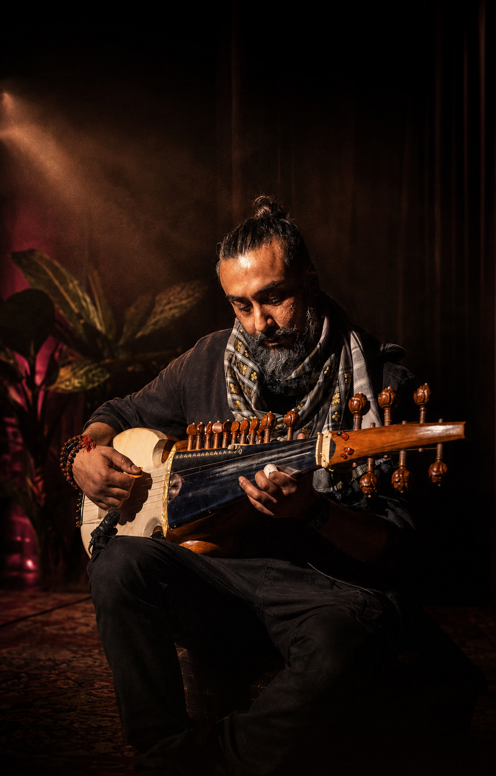 Avi Kishna performing sarod under warm theatrical lighting.