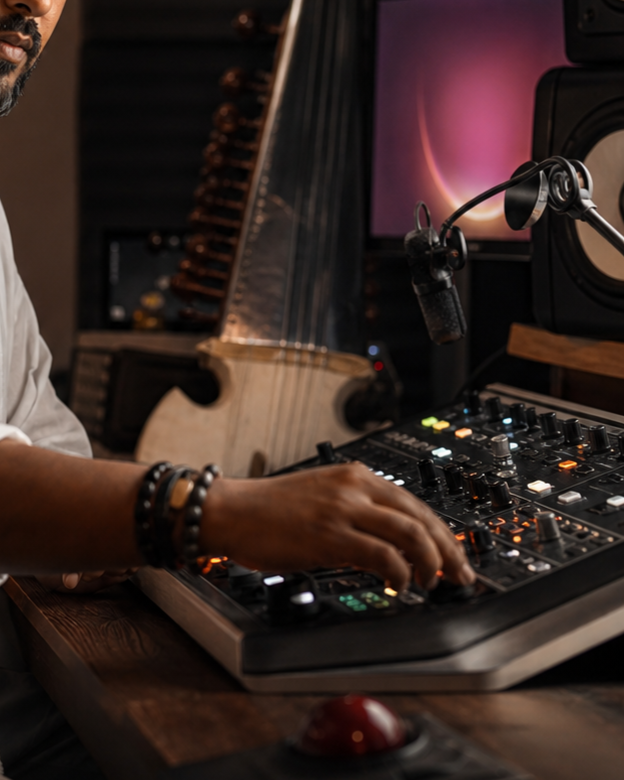 Avi Kishna working at a studio mixing console.