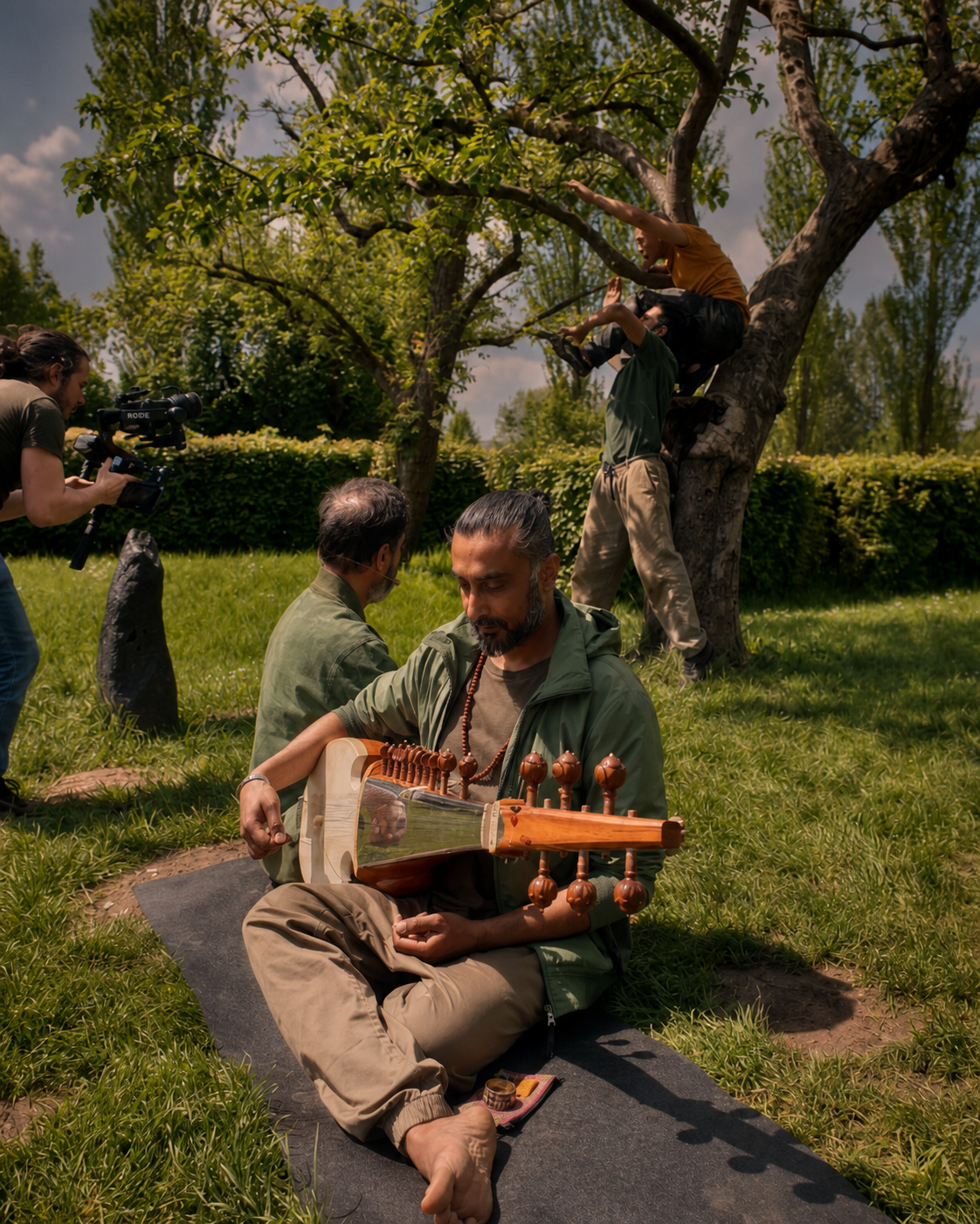Avi Kishna playing sarod outdoors during filming for TAPA.