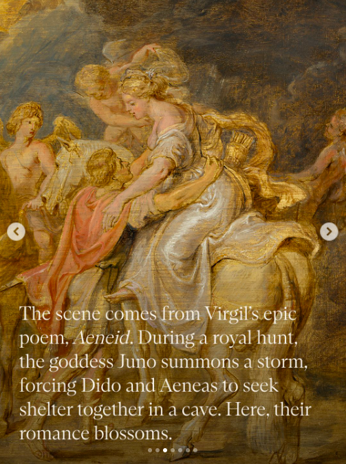 A close up of Sir Peter Paul Rubens' tender oil sketch of a queen being helped off her horse by a man.