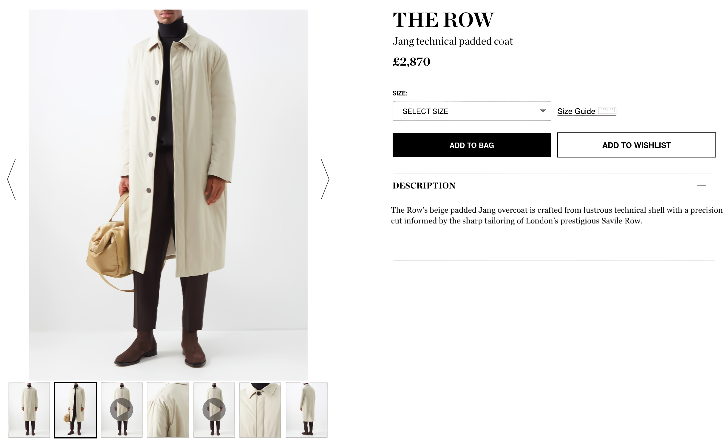 Model wearing a beige tailored coat by The Row with a black roll-neck sweater and trousers, carrying a duffle bag.