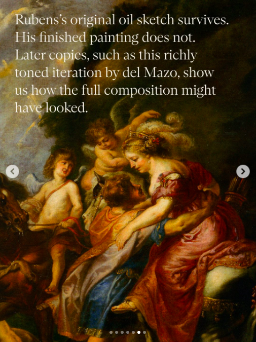 A rich, jewel-toned copy in oil paint of Rubens' original Baroque oil sketch.