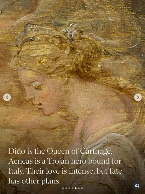 A detail snippet of Queen Dido's face from the side with energetic brush marks to show her tousled blonde hair swept up, and flowing white robe.