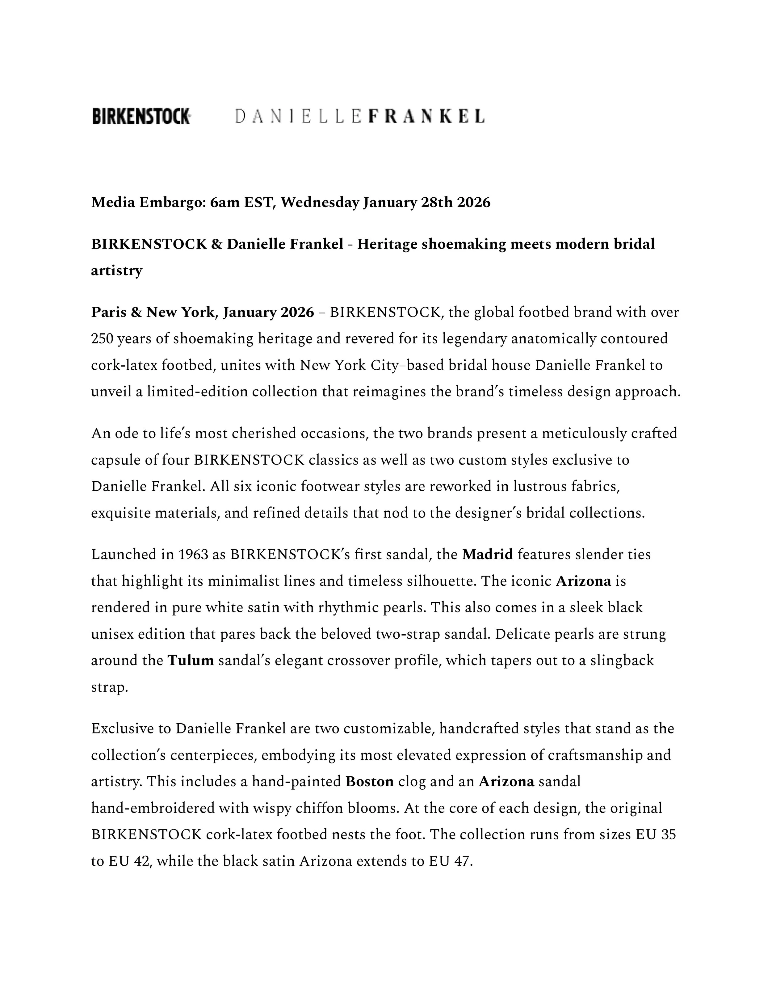 Press release for Birkenstock and Danielle Frankel's exclusive capsule collection.