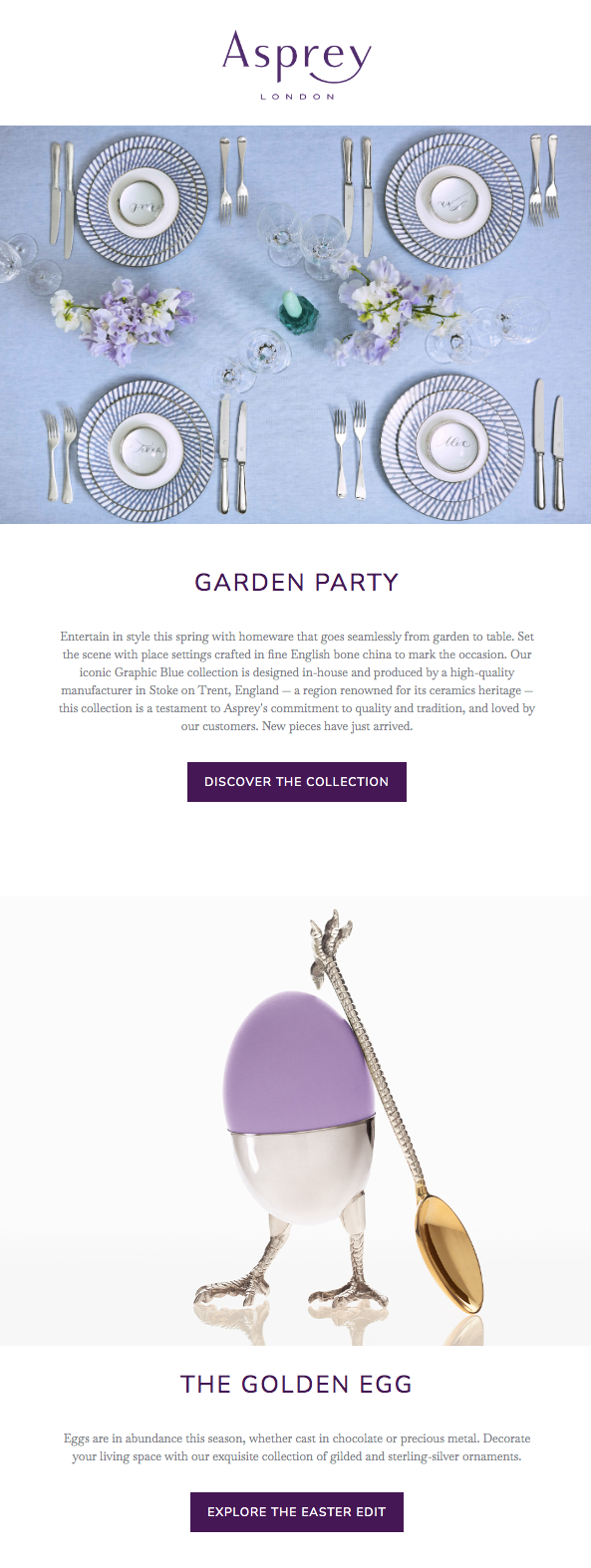 A spring table setting with blue and white striped plates on a pale blue table with glasses, cutlery and lilac flowers.