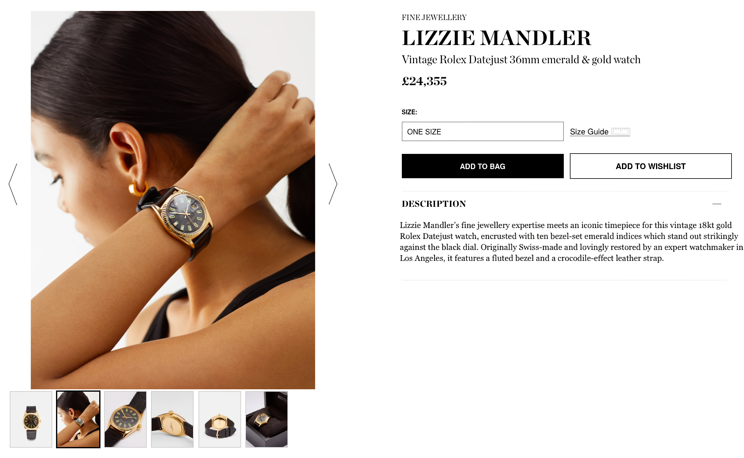 A dark brown-haired, brown-skinned model wearing a gold and emerald Lizzie Mandler Rolex gold Datejust watch.
