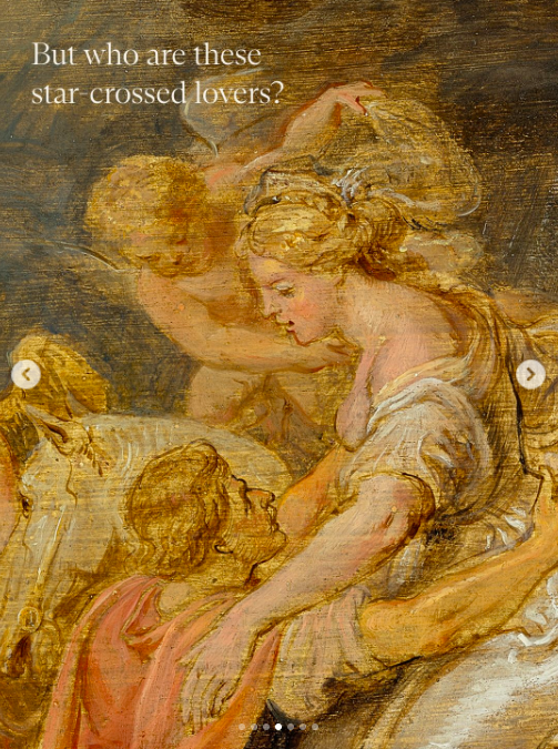 This Baroque oil sketch by Rubens shows a romantic scene of a queen being helped off her horse by a man, as they gaze in each other's eyes.