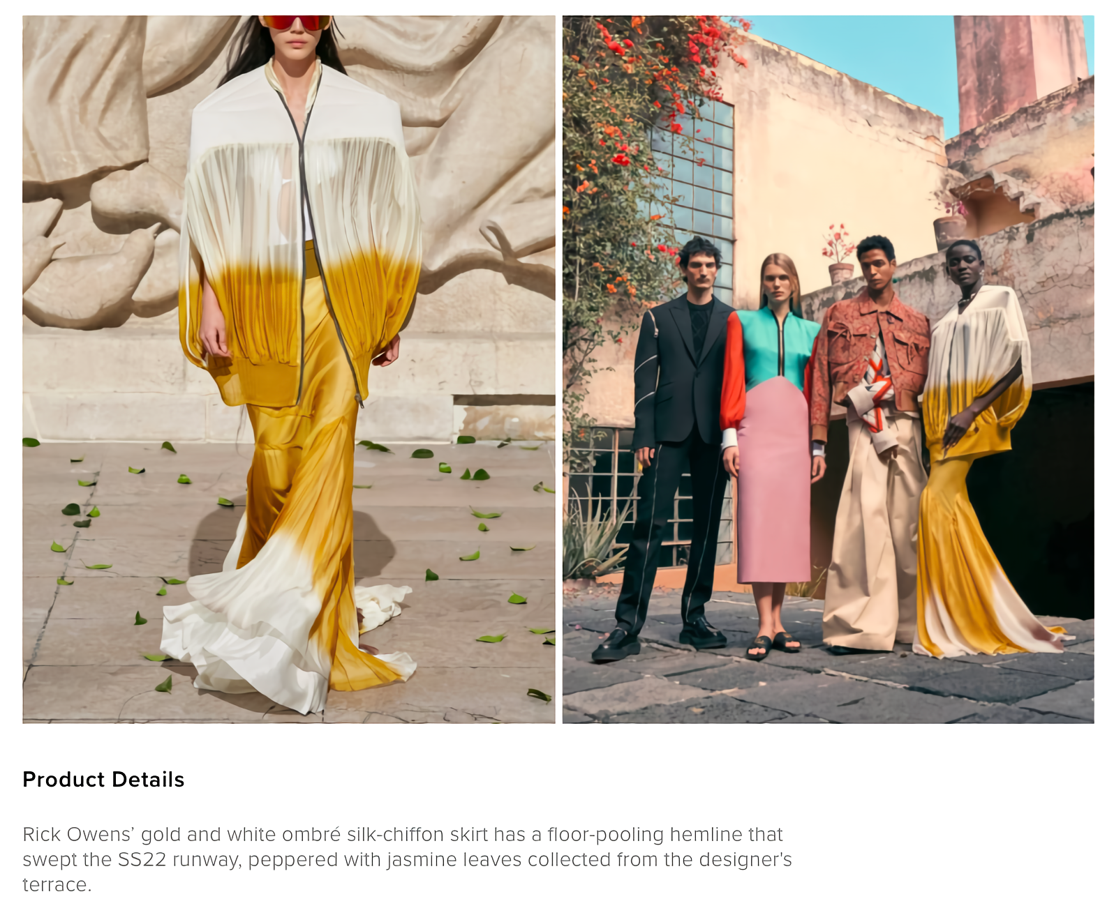 Gold ombre silk maxi skirt on the Rick Owens SS22 runway.