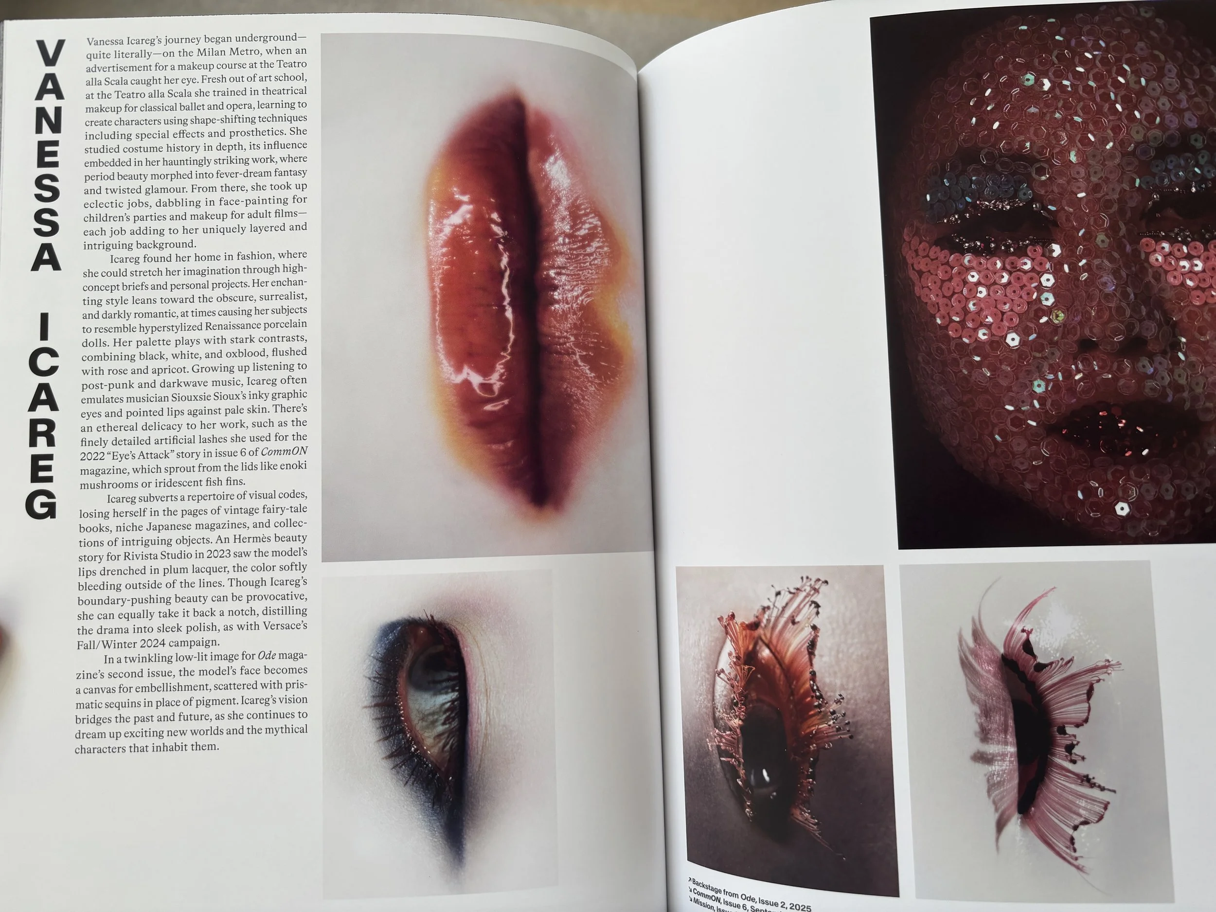Avante-garde, experimental makeup images by Vanessa Icareg, featuring glossed plump lips, smokey eye, eyelash embellishments that resemble enoki mushrooms, and a face covered in colour-block sequins to resemble a doll.