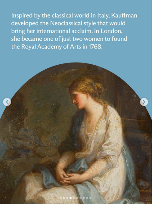 Neoclassical painting of a woman wearing a white dress, sat down, gazing ahead with a pensive expression and her hands intertwined.