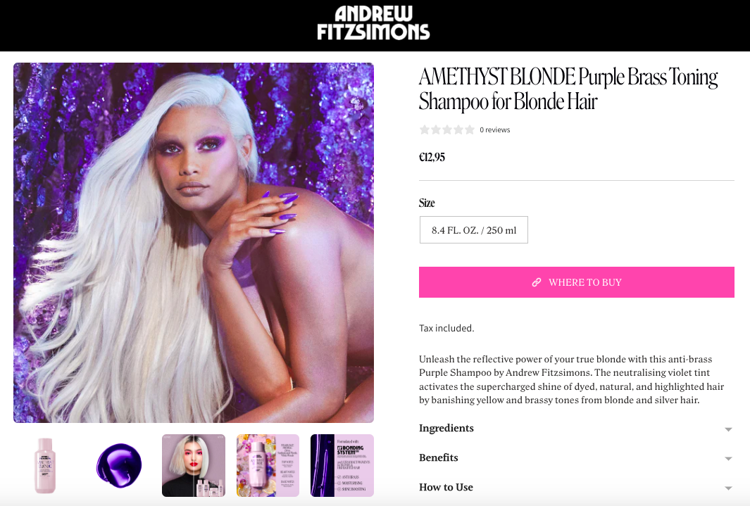 High-glamour image of a partially nude femme model with long, platinum-blonde hair, bold purple eyeshadow and violet sequinned curtains in the background.