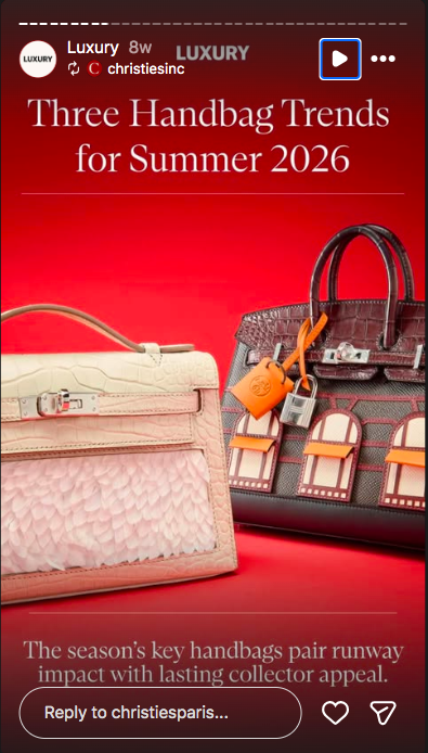 Two modernised editions of the Hermes Birkin bag. One is brown croc-leather patterned with boutique windows. The other is cream croc with a feather-embellished panel.