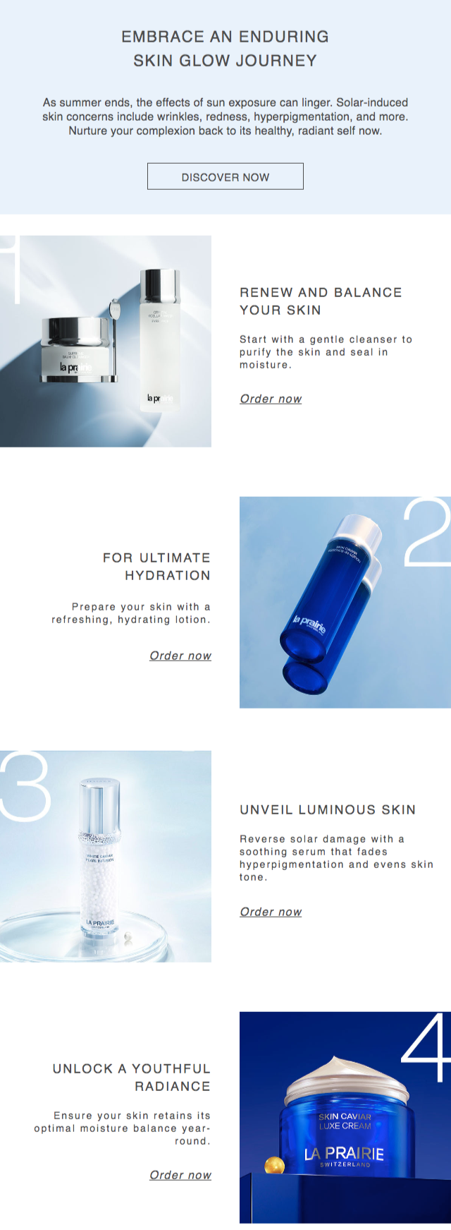 La Prairie glowing skin email with four skincare steps to protect against solar damage and nurture the skin