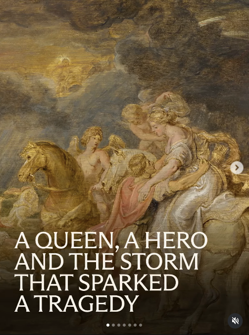 A 17th-century Baroque oil sketch of a queen in a flowing white dress being helped off her horse by a man wearing a red cape.