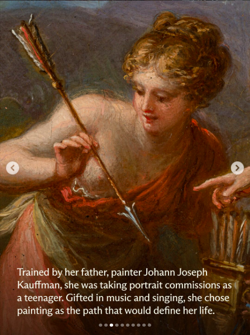 Angelica Kauffman's Neoclassical painting of a woman with blonde hair wearing a draping red robe, clutching an arrow.