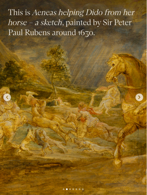 A dynamic oil sketch of a storm with rain and galloping horses with people riding them.