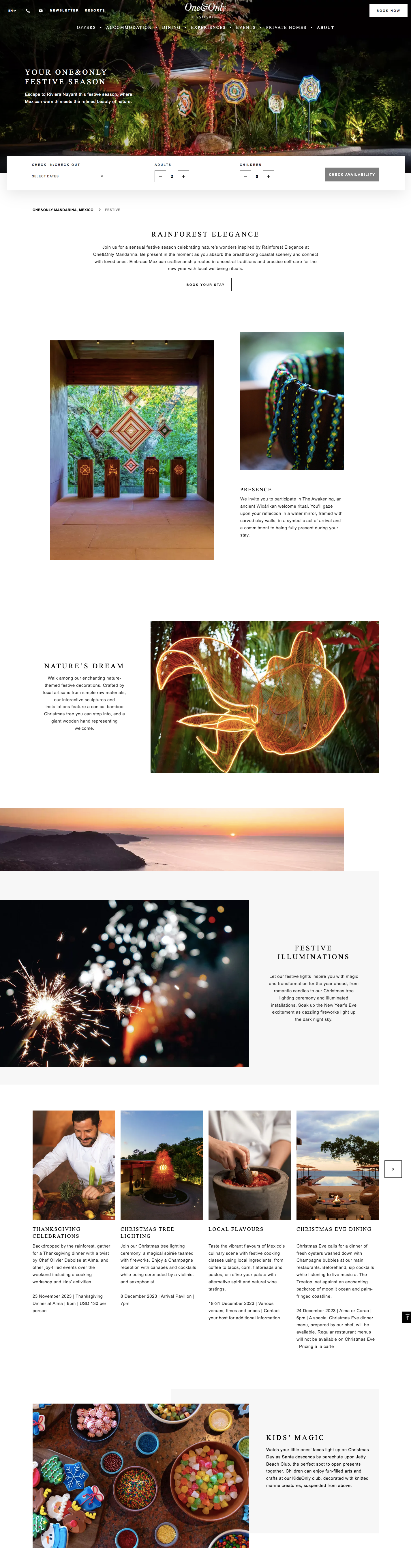 Festive website content for One&Only's Mandarina resort in Mexico, with enchanting festive images and nature-themed decorations.