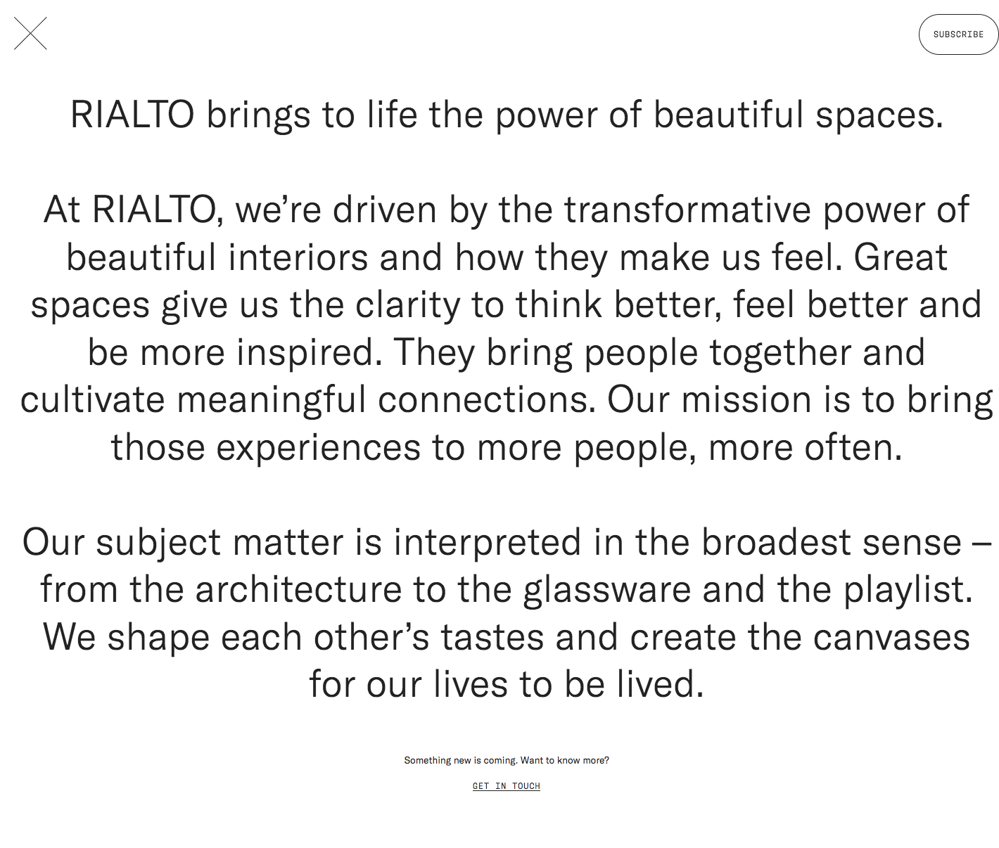 The 'about' text for RIALTO describing the power of beautiful spaces.