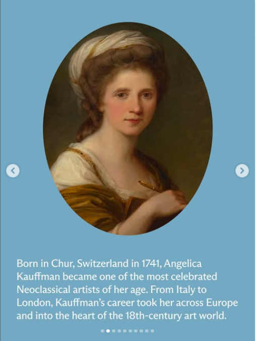 Painted portrait of Angelica Kauffman in the 18th century, with brown, swept-back hair and brown eyes.