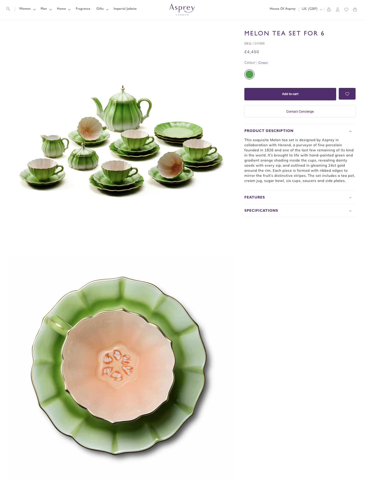 A green and light orange cantaloupe melon-shaped tea set for six with a sculptural tea pot, jug, sugar bowl, cups, saucers and side plates.