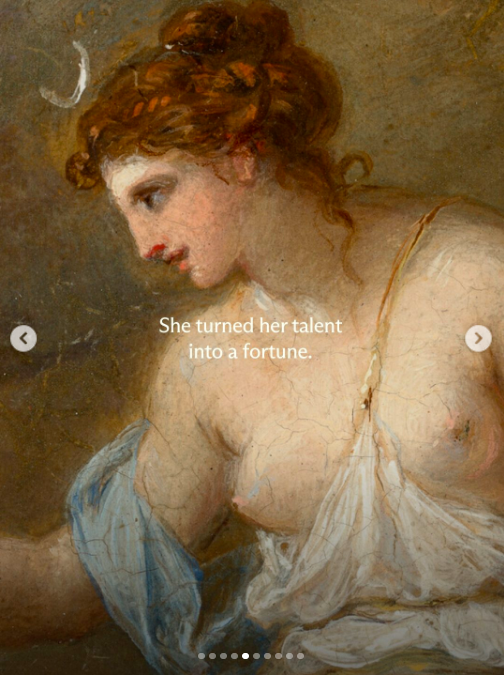 Portrait of a woman with her red tousled hair up, wearing a draping white robe revealing her breasts.