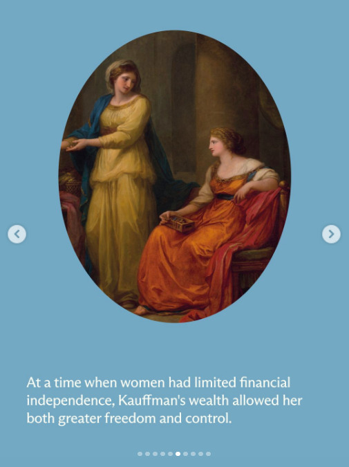 Neoclassical painting of two women: one stood up in a yellow dress, gazing at the other who's sat down looking ahead, wearing a red dress.