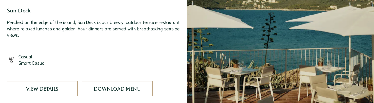 A relaxed outdoor restaurant on the terrace with white dining tables shaded with canopies, set against the turquoise Adriatic Sea.