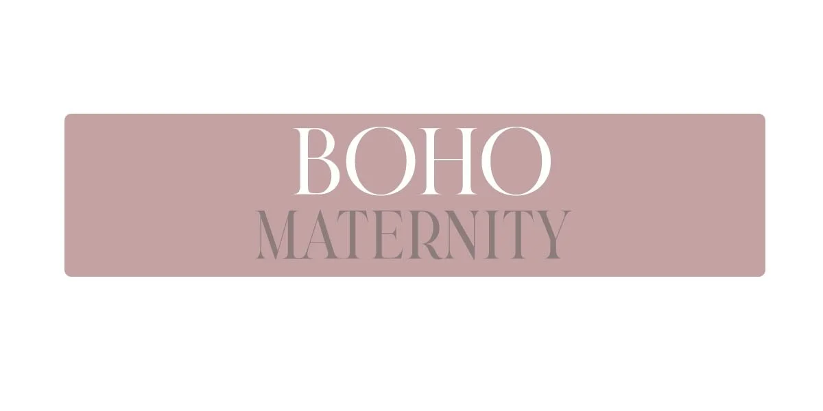 Boho maternity logo with pink background and white and gray text.