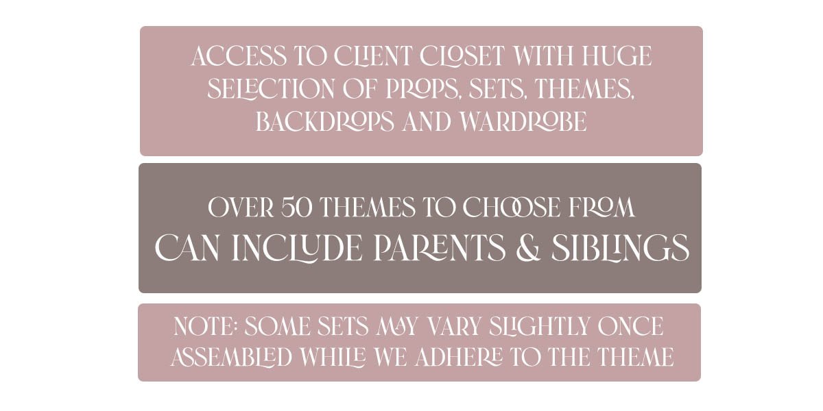 Graphic with text promoting client closet access, themed props, sets, backgrounds, and wardrobe options, mentioning over 50 themes including parents and siblings, with a note about slight variations once assembled.