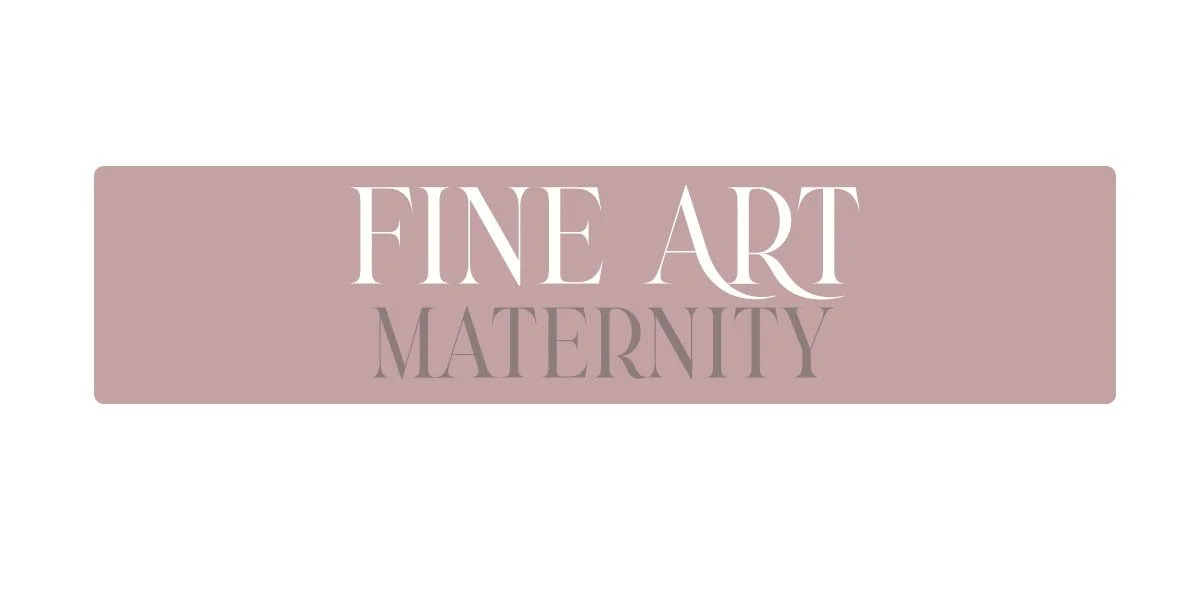 A rectangular graphic with a pinkish-brown background that features the words "FINE ART MATERNITY" in large, elegant, white and purple serif font.