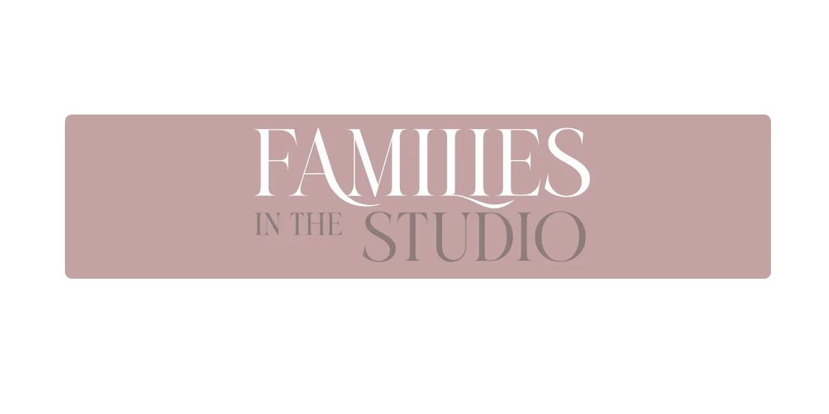 Text graphic with the words "FAMILIES IN THE STUDIO" in white, gray, and mauve colors.