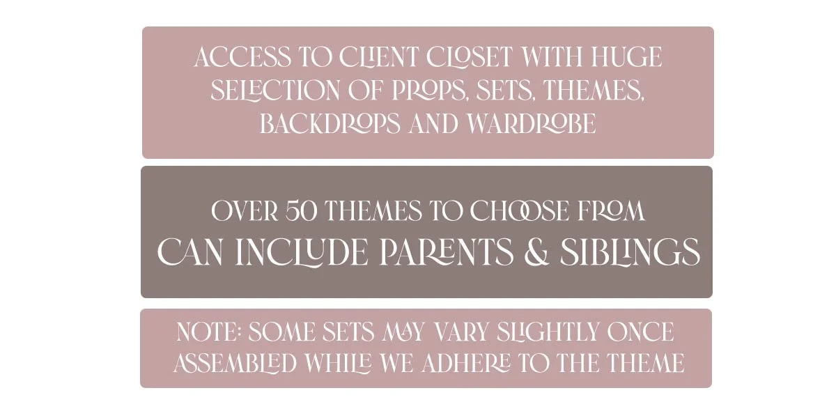 Infographic advertising access to client closet with props, themes, backdrops, and wardrobe, mentioning over 50 themes including parents and siblings, with a note about slight variations in assembled sets.