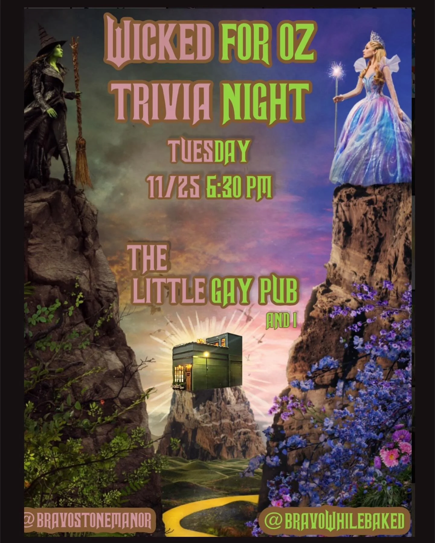 🎭 WICKED FOR OZ TRIVIA NIGHT! 🧙&zwj;♂️🌪️
Tuesday &bull; 11/25 &bull; 6:30 PM

Think you know the world of Wicked and The Wizard of Oz?
Come prove it at a special trivia night hosted by our very own @bravostonemanor and @bravowhilebaked!

✨ What to