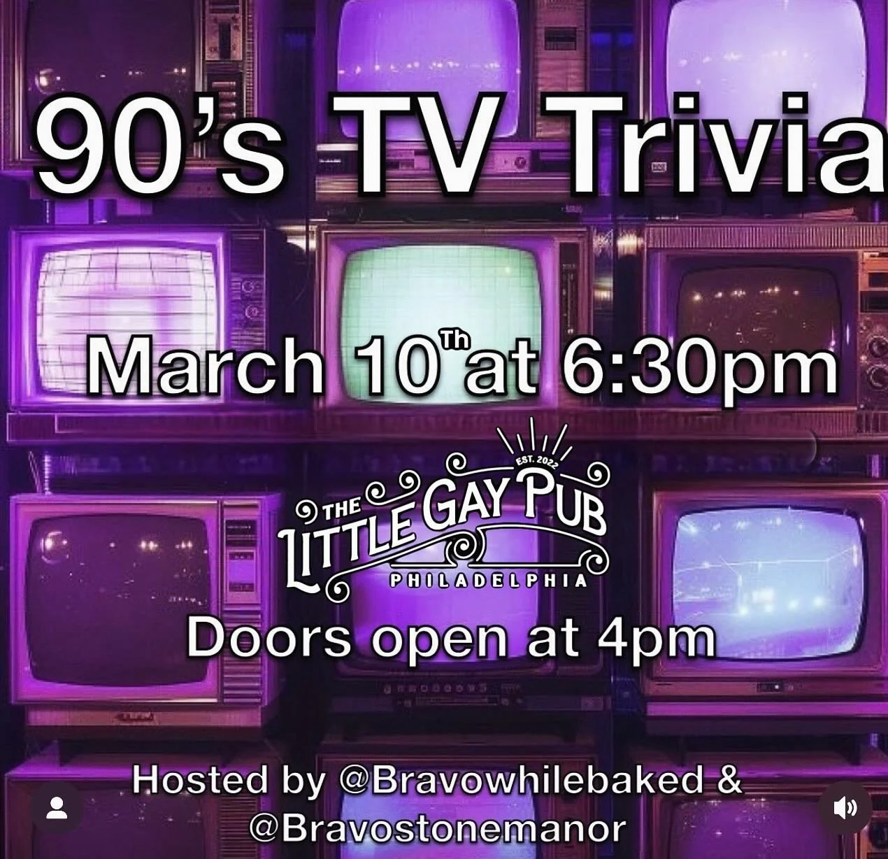 📺✨ 90&rsquo;s TV TRIVIA NIGHT ✨📺

🎶 So no one told you Trivia was going to be this way. 👏 👏 👏 👏 👏 

Join us for a nostalgic throwback filled with iconic theme songs, unforgettable characters, and the best TV moments of the 1990s.

🗓 Tuesday,