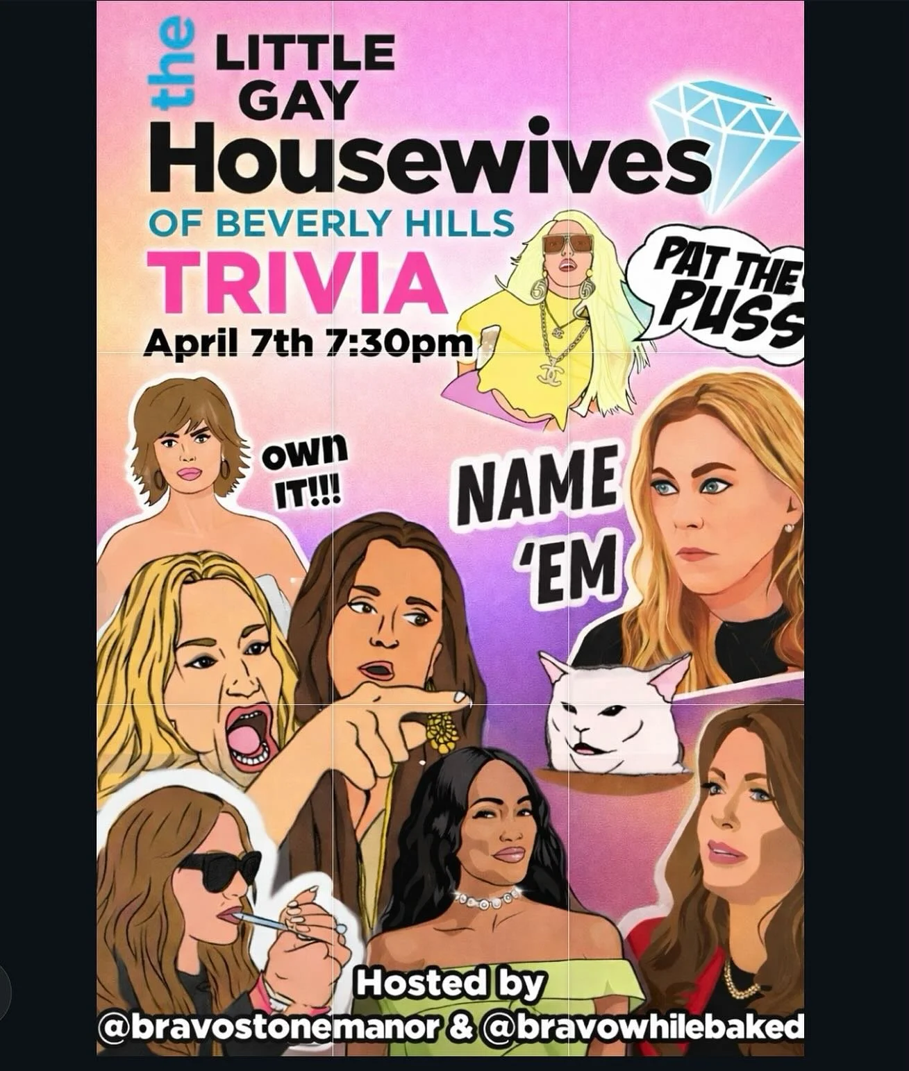 Com to Tuesday Trivia and OWN IT!!!

Join us for The Little Gay Housewives of Beverly Hills TRIVIA
📅 Tuesday, April 7
⏰ 7:30PM
🎁 Prizes
Think you can NAME &lsquo;EM? 👀
Pat the puss, sip your cocktails, and prove you&rsquo;re the ultimate RHOBH sch