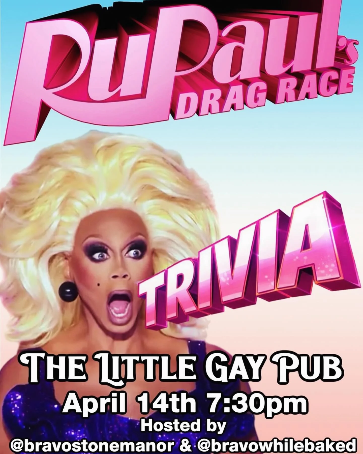 RuPaul&rsquo;s Drag Race Trivia 🏁

📍 The Little Gay Pub
📅 April 14
⏰ 7:30PM
🎁 Prizes
Hosted by @bravostonemanor &amp; @bravowhilebaked

Don&rsquo;t f*ck it up!!!