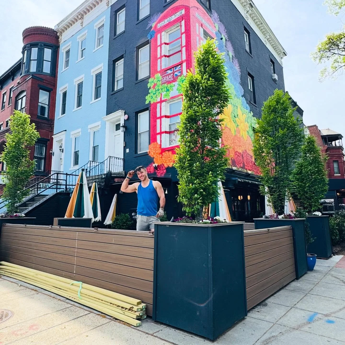 Got Wood? Suns out, guns out! Big thanks to our LEGO Loving Landscape Architect @legofme88 for getting us ready for Patio Pounding Season. @thelittlegaypub, here to serve. ☀️🌳💪🏼🕶️🥂🍹🍸 See you tonight!