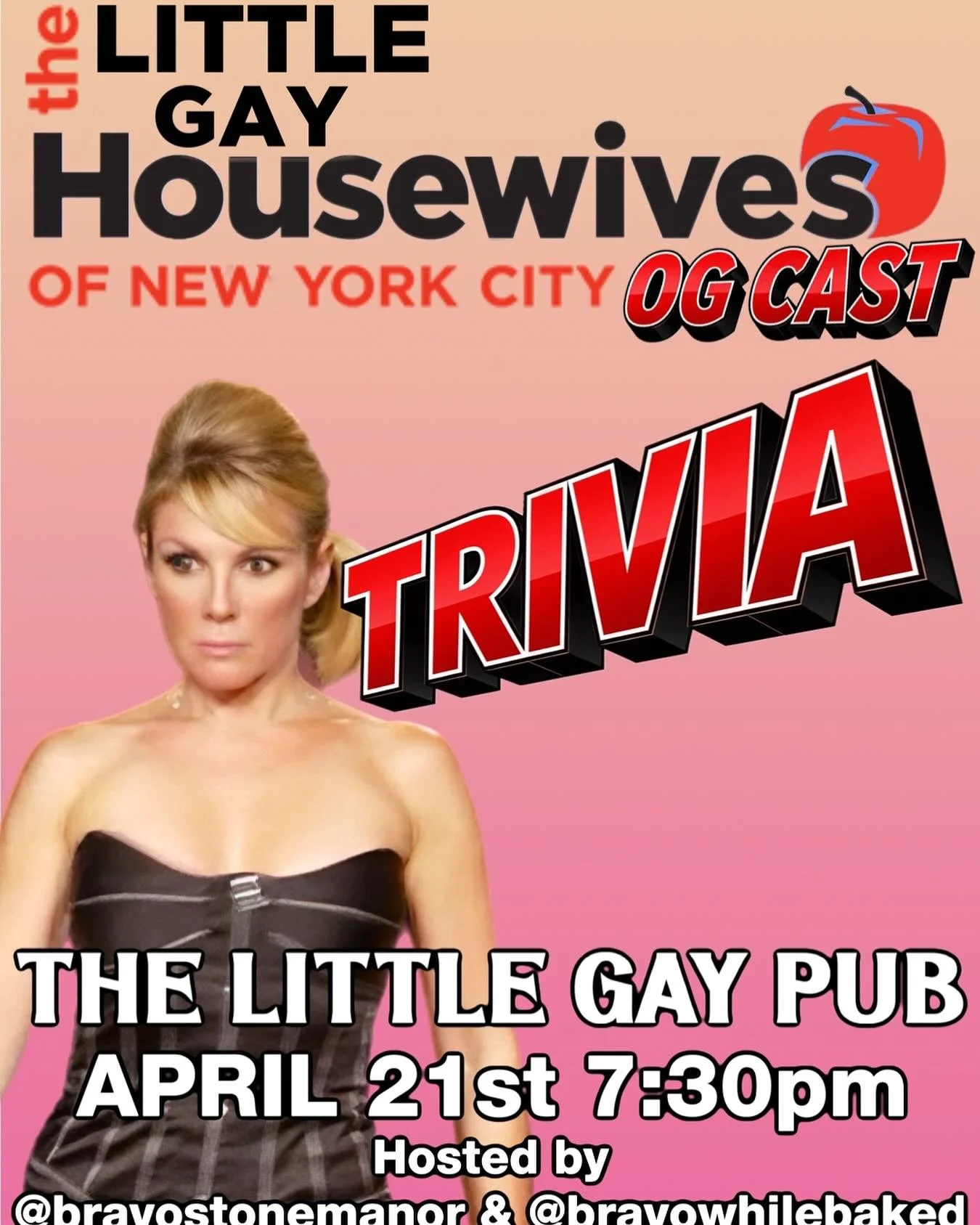 CLIIIIIIIP!!!

Be cool man and come to RHONY OG Tuesday Trivia&hellip;.don&rsquo;t be all&hellip;.uncool!

OG RHONY TRIVIA 🍎
📍 The Little Gay Pub
📅 April 21 &bull; 7:30PM
🎁 Prizes
🎤 @bravostonemanor &amp; @bravowhilebaked