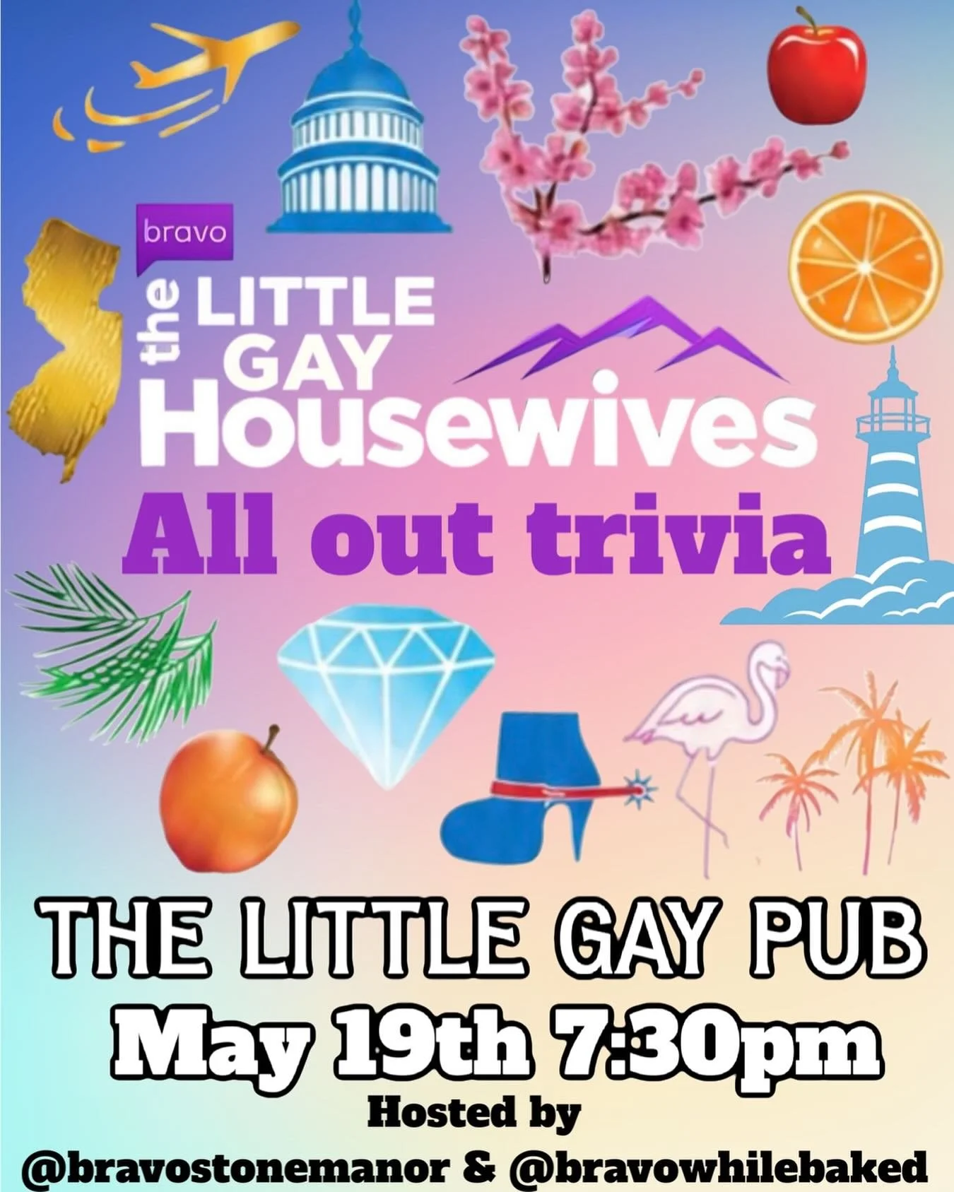 🍎🍑💎🍊🌴🦩✈️🏛️🌸⛰️⚓️

Think you know your apples from your oranges? Your peaches from your cherry blossoms? 👀

Join us for LITTLE GAY HOUSEWIVES: ALL OUT TRIVIA at The Little Gay Pub Philly for a chaotic night of Bravo brainpower, dramatic one-li