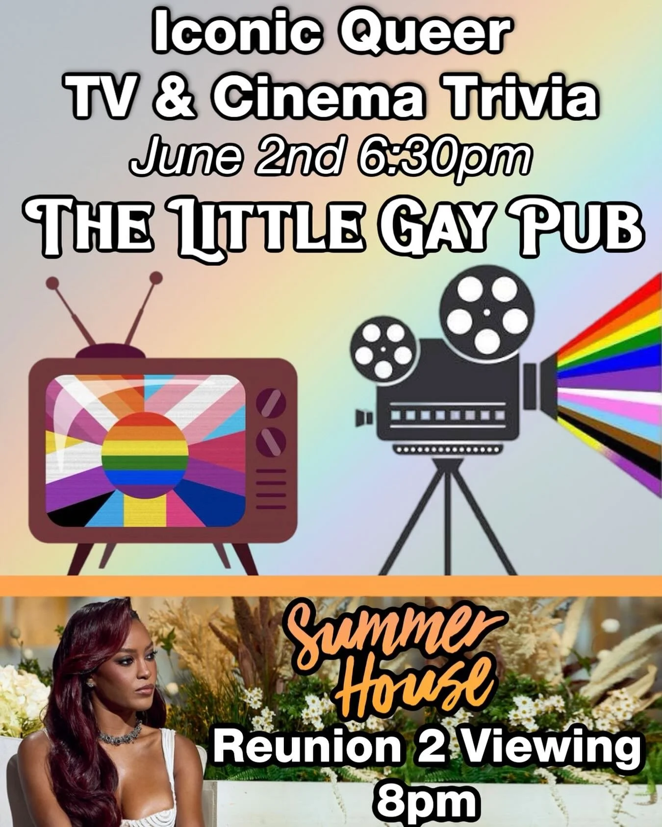 🎬🌈 Double Event Tuesday! 🌈🎬

Join us for Iconic Queer TV &amp; Cinema Trivia at 6:30 PM, then stick around for our Summer House Reunion 2 Watch Party at 8 PM. 

🏆 Trivia prizes
🍸 Specialty Cocktails 
📺 Ciara burying them with dirt 

📍 The Lit