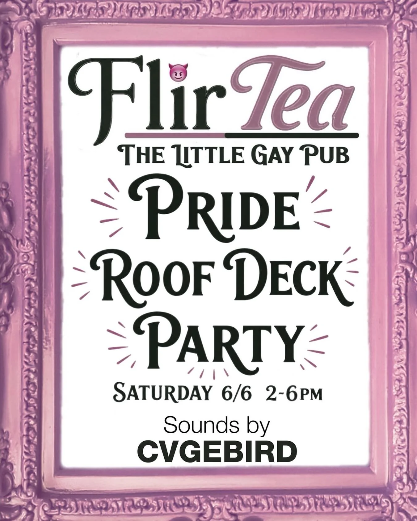 🌸✨ PRIDE ROOF DECK PARTY ✨🌸

Join us for an afternoon of music by CVGEBIRD, cocktails, and Pride vibes high in the sky🌈🍸 GET FLIRTEA WITH US!! 

📅 Saturday 6/6
⏰ 2&ndash;6PM
🎧 Sounds by CVGEBIRD

Marching with Philly Dyke March? Stop by after! 
