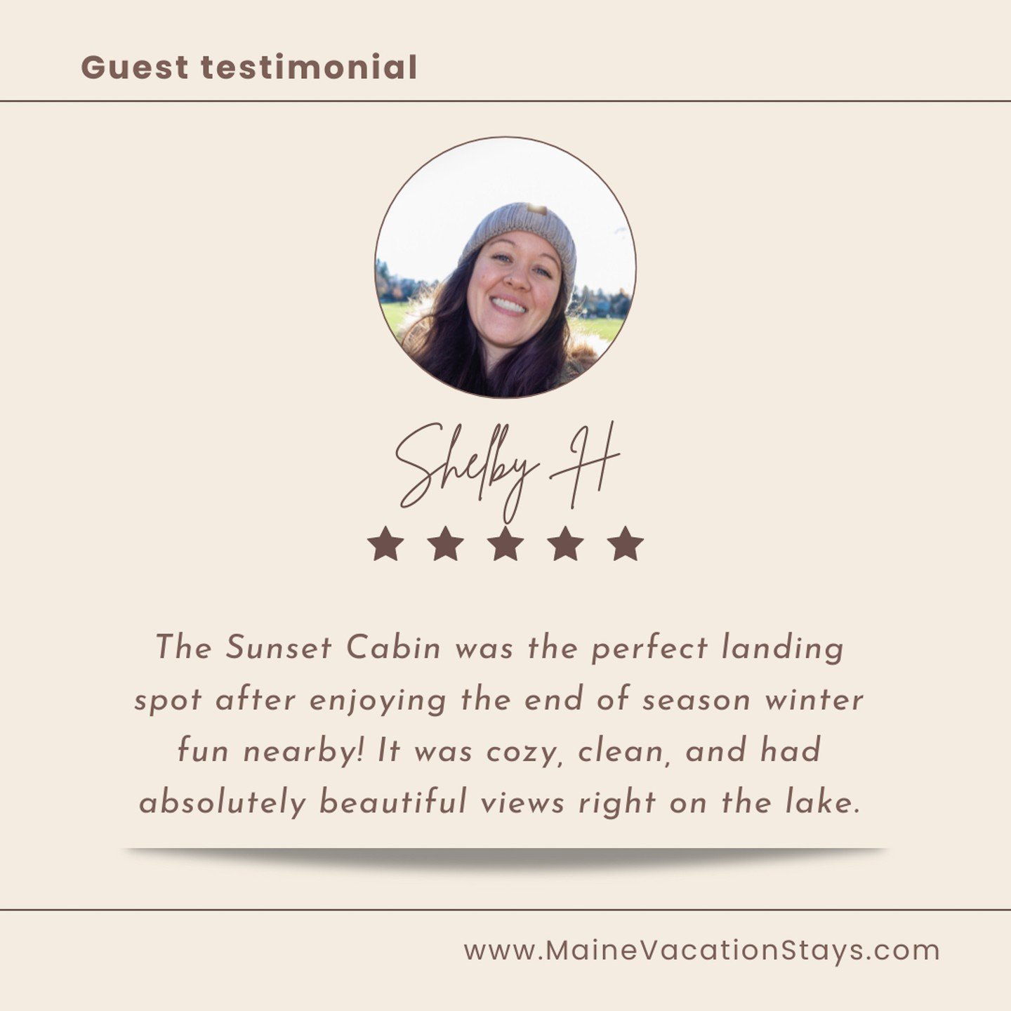 Guest Reviews Like This Warm Our Hearts! 💖  We loved reading that Sunset Cabin provided the perfect post-adventure retreat for Shelby.  Stunning views, cozy comfort &ndash; that's what Rangeley Lake is all about!  #ThankfulGuests #SunsetCabin #Maine