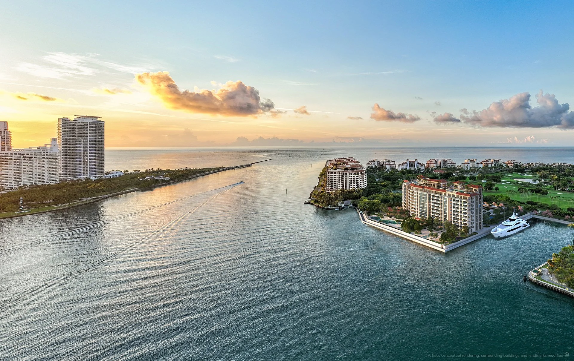 Aerial view of a waterfront cityscape with high-rise buildings, a waterway, and a boat at sunset.